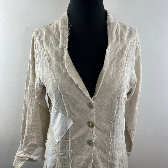 Blu Betty Beige Linen Shirt Dress Button Front Stand-Up Collar Ruffle Hem M? - Picture 3 of 9